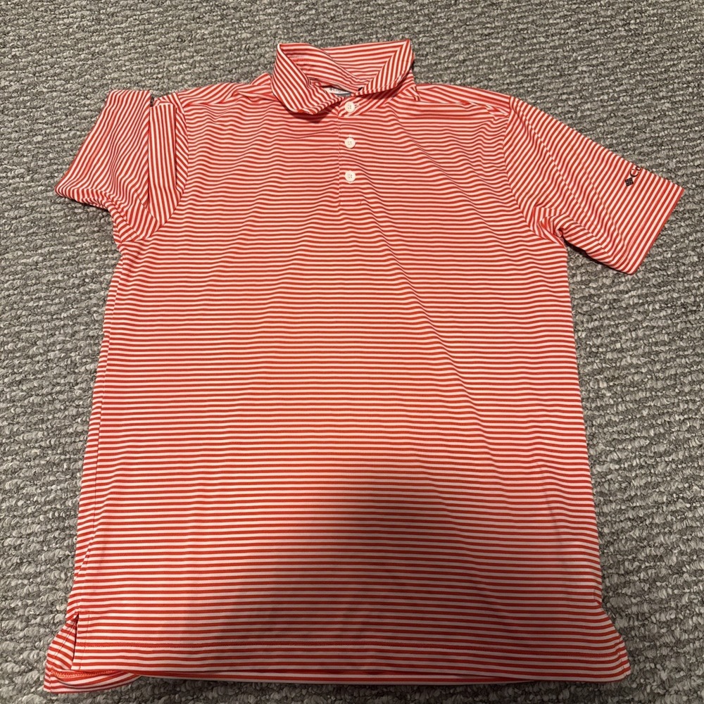 Columbia‎ Golf Polo Shirt Mens Size Medium Performance Striped Orange/White NWOT